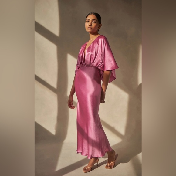 AIIFOS Isabelle Pink Crinkled Silk Satin Maxi Dress. Size XS - Picture 2 of 15